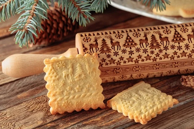 Alfiler rodante de madera grabado en alce de Navidad rodillo de masa en relieve molde tallado