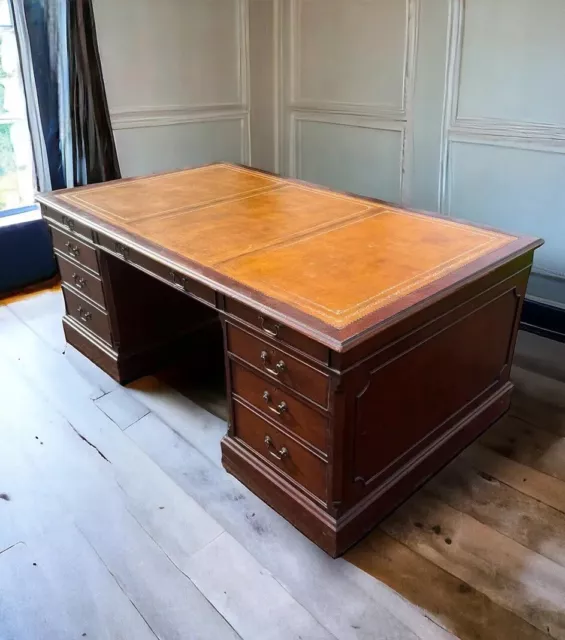 Very Large Vintage Reproduction Kneehole Boardroom Mahogany Pedestal Desk