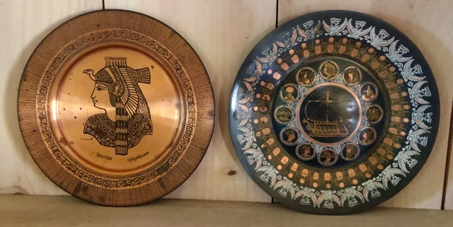 Vintage Egyptian TWO Copper Plates Kings Queens Gods Goddess Magdy Hand Made