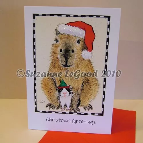 Guinea Pig Capybara art Christmas card glittery from painting by Suzanne Le Good