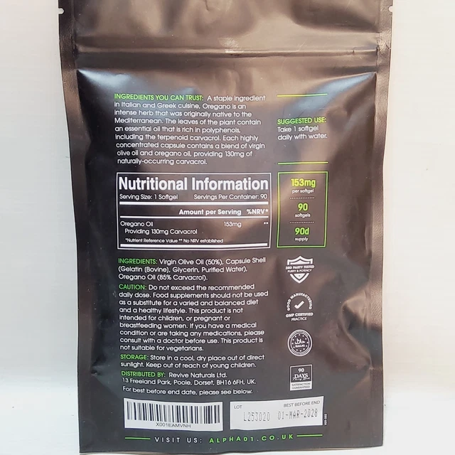 Sercive Alphas ALPHA ZERO ONE Cold Pressed Oil of Oregano Supplements 153mg 90 ...
