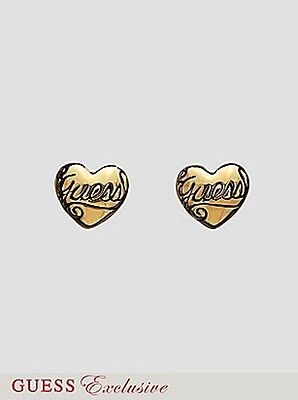 NWT Guess Gold-tone Metal Logo Engraved Heart Stud Earrings, Exclusive Line