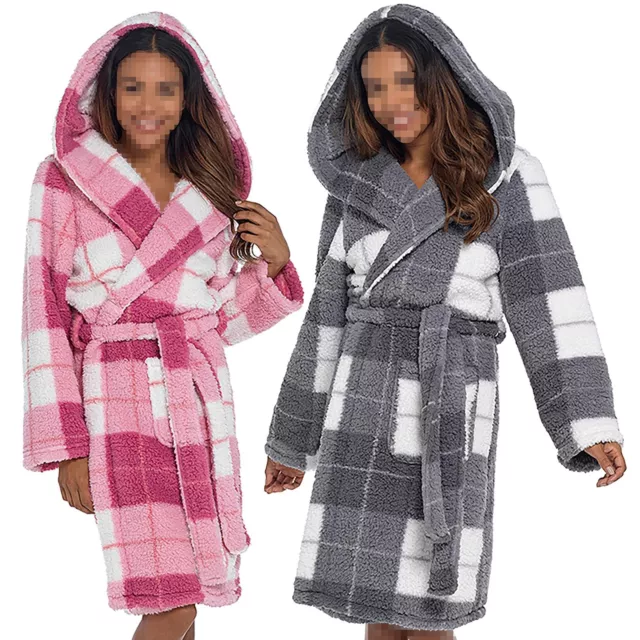 A2Z Women's Luxurious Fluffy Fleece Robe Check Print Sherpa Hooded Dressing Gown