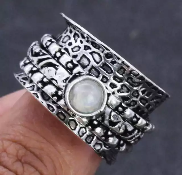 Lovely Rainbow Moonstone Meditation Spinner 925 Silver Plated Ring US Size 7.25