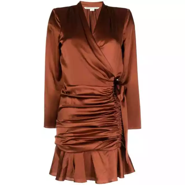 NWT Veronica Beard Agatha Wrap Dress in Cognac Size 8 Brown Silky Satin Ruched