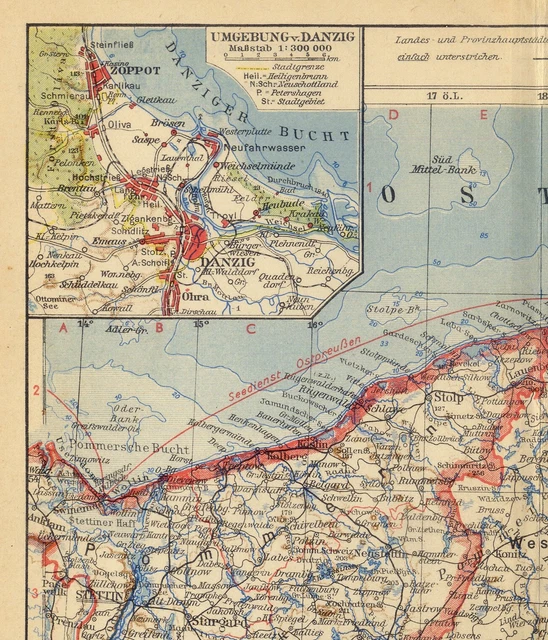 1939 VINTAGE MAP Of East Prussia Danzig Curonian Spit Pomerania Poland ...