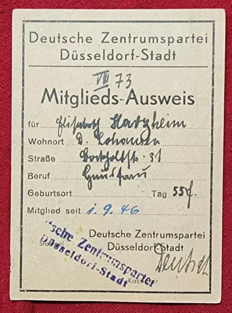 Post WW2 WWII Germany Ausweis card Deutsche Zentrumspartei Dusseldorf 1946