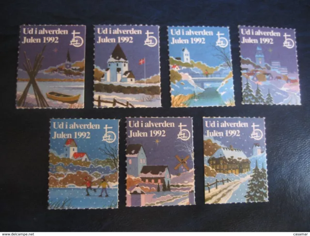 UD I ALVERDEN Julen 1992 Christmas Set 7 Poster Stamp Vignette DENMARK Label