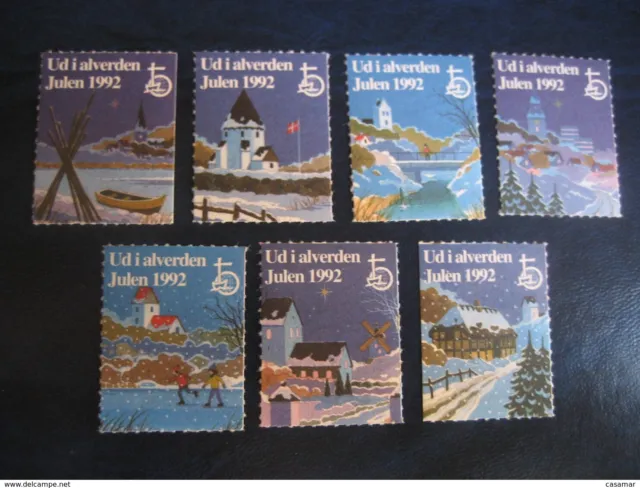 UD I Alverden Julen 1992 Christmas Set 7 Poster Stamp Vignette Denmark Label