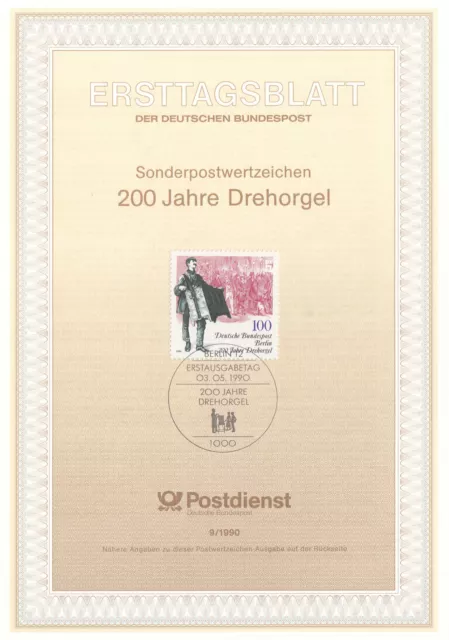 Ersttagsblatt   B  1990/09   "  200 Jahre Drehorgel  "  Berlin