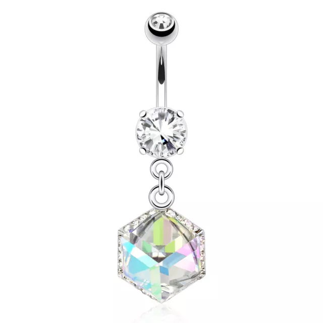 Cube Prism Dangle CZ 316L Surgical Steel Navel Belly Button Ring 14g