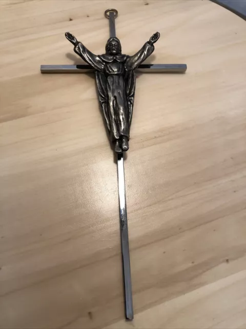 Silver Crucifix Cross Jesus Christ Vintage Solid Metal Wall Hanging 11" Catholic