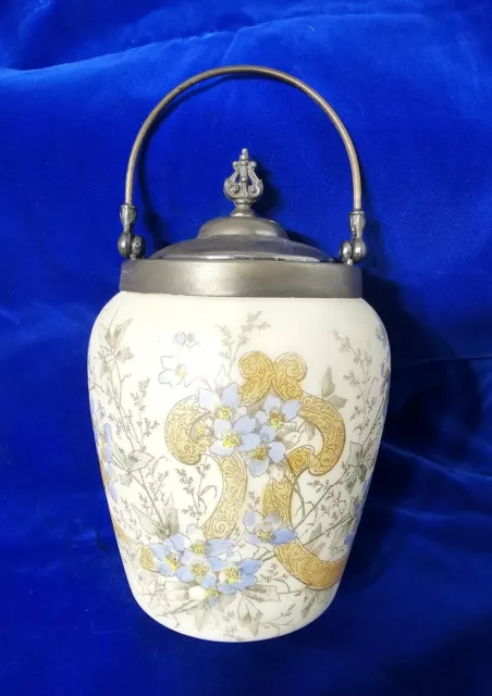 Antique 1890s Mt. Washington ?  Satin Glass Biscuit Cracker Jar Blue Flowers