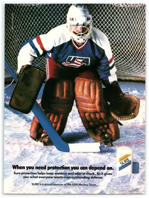 1987 Sure Deodorant Print Ad, USA Hockey Team Goalie in Net on Ice Pads Stick