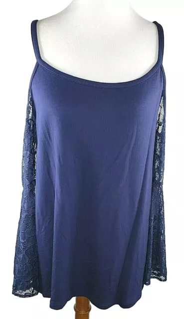 Kensie Top NWT Size Medium Navy Blue Cold Shoulder Straps Bell Sleeve Lace