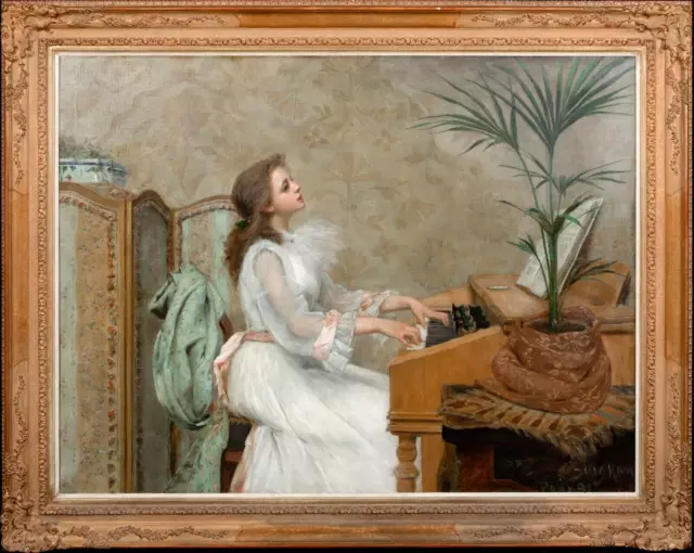Large 19th Century French Paris Girl Piano Portrait Berthe BURGKAN (1855-1936)