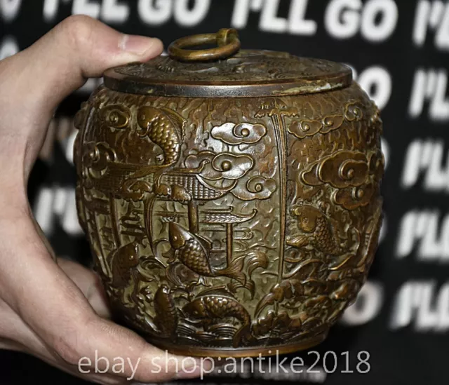 4" Marked Old Chinese Copper Dynasty Palace Koi carp fish Jar Tank