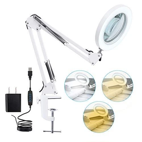 LED Magnifying Lamp with Clamp, 8-Diopter, 10X Real Glass Lens, 3 Color Modes
