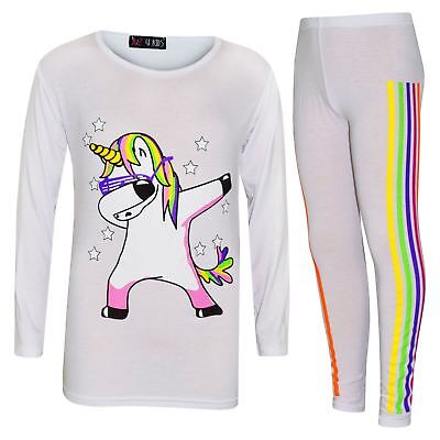 Kids Girls Rainbow Unicorn Dab Floss White Top & Legging Xmas Outfit Set 7-13 Yr