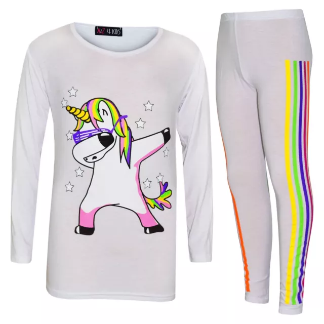 Kids Girls Rainbow Unicorn Dab Floss White Top & Legging Xmas Outfit Set 7-13 Yr