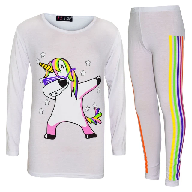 Set outfit top e leggings di Natale bianco arcobaleno bambine unicorno filo interdentale 7-13 anni