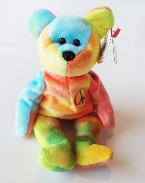 Ty Beanie Baby Peace Bear Neon Peach Blue 1996 Retired Bean Bag Plush Toy New