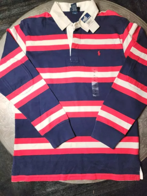 Vtg 90s Polo Ralph Lauren Shirt Youth Extra Large Blue Red Pony Rugby Striped