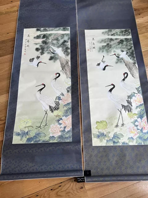 Pair of Old Chinese Scroll Paintings  w/ stamp & Signature Birds Excellent