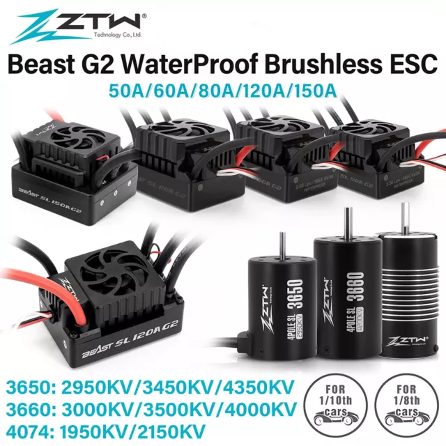 ZTW 32-Bit Beast G2 50A/80A/120A ESC Brushless Motor Combo for RC 1/8 1/10 Car