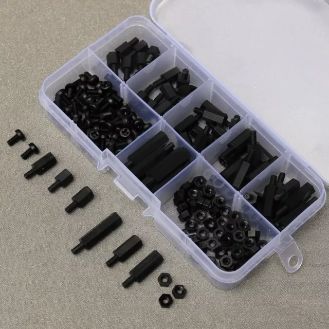 180Pcs Black Nylon M3 Hex Column Male-Female Standoff Spacers Screw Nut Kit Box