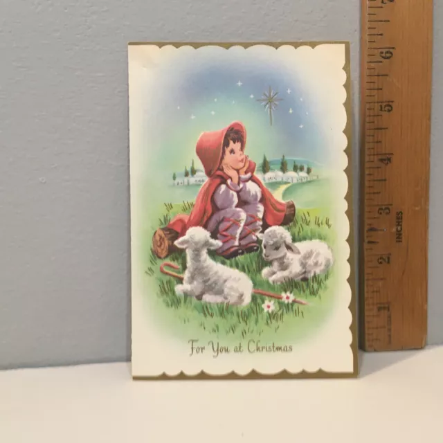 Vtg Christmas Card Little Shephard Boy Sheep Staff Star