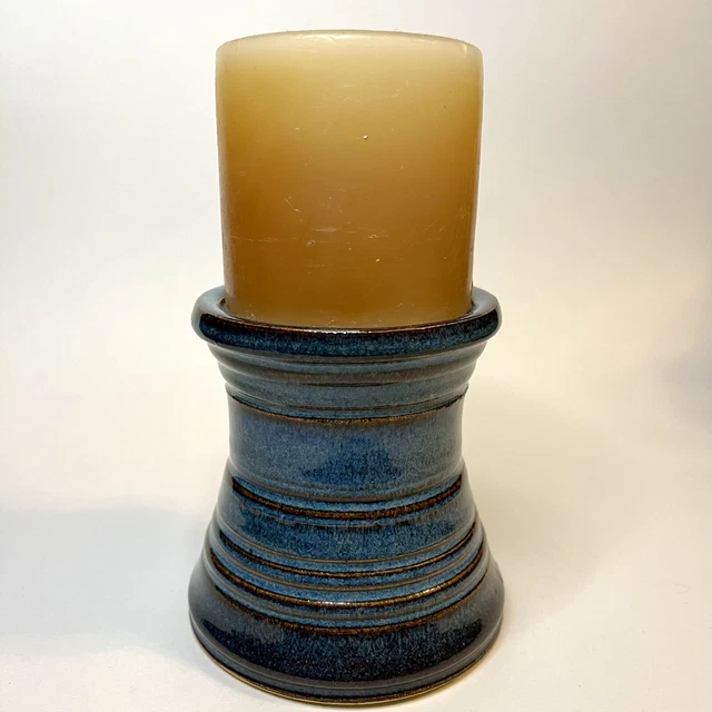 TR Pottery PILLAR CANDLE HOLDER STAND Wheel Thrown Studio Art SIGNED 4.25"H Blue