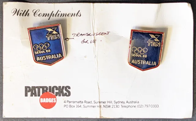 2x 1988 Seoul Olympic Games blue enamel Australia badges on card #1A