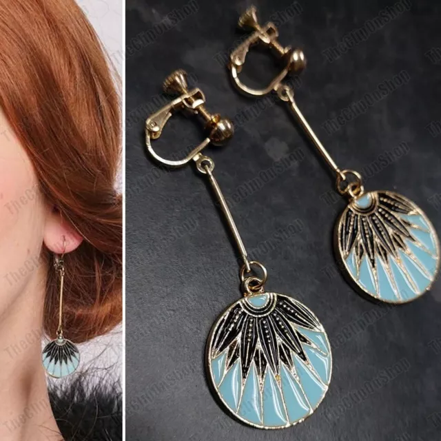 CLIPS/HOOKS Art Deco Vintage Style Enamel Disc Drop Long Earrings Geometric Gold