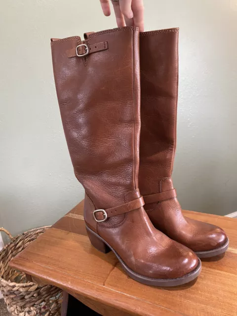 Lucky Brand Women Knee High Boot Pebbled Leather Cognac Size 6.5M EUC