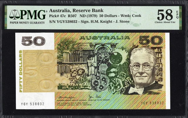 Australia 50 Fifty Dollars P47c R507 1979 Knight Stone PMG58 aUNC EPQ Banknote