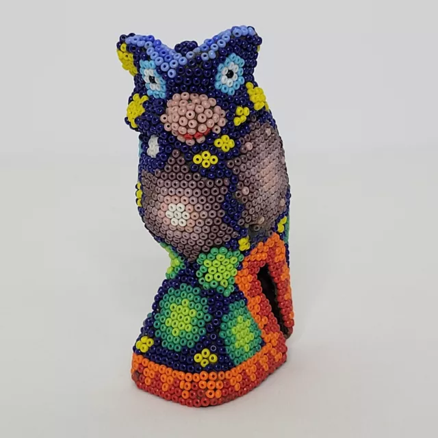 Traditional Mexican Huichol Beaded Folk Art Owl Figurine 3.5" Tall