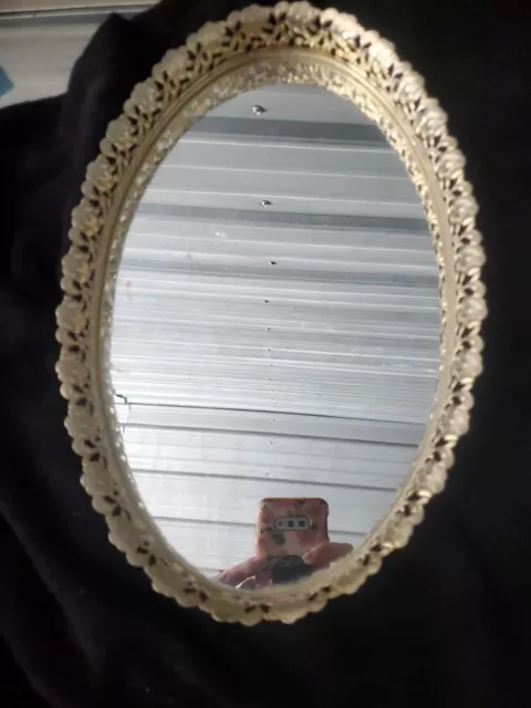 Vintage Mid Century Oval Mirror Tray Perfume Vanity Dresser Gold Filigree