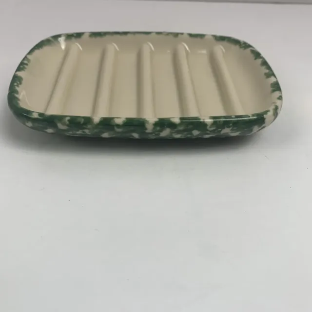 Roseville Bel-Terr USA Green Spongeware Soap Dish 93804 5" x 3.5" Art Pottery US