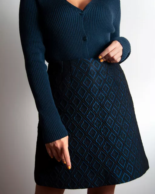 VERSACE VERSUS Size IT 38 Vtg geometric jacquard A-line skirt navy blue black