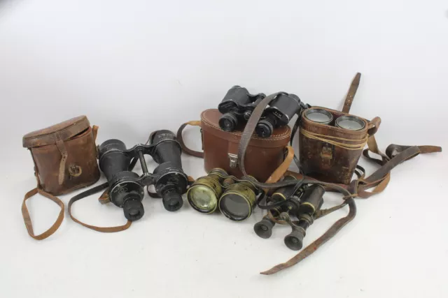 Vintage Military Binoculars Inc Field Glasses Gw/ Some Cases Job Lot x 5