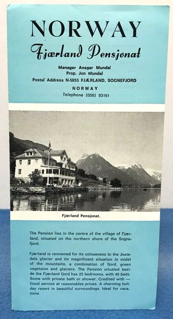 Vintage Fjaerland Pensjonat Hotel Norway Brochure Leaflet Travel Tourist 1960s