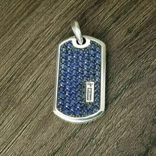 2Ct Sapphire Lab Created Dog Tag Pendant 14k White Gold Plated Silver Free Chain