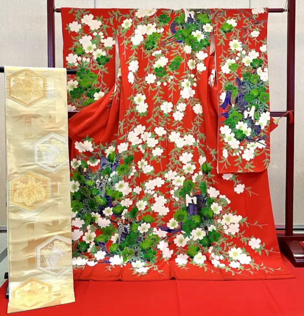 Japanese Kimono "Furisode" "Fukuro obi" 2 piece set/Red/Floral pattern