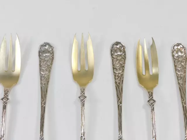 Durgin Sterling Silver Cocktail Forks Set of 12 Gold Wash Aesthetic Movement