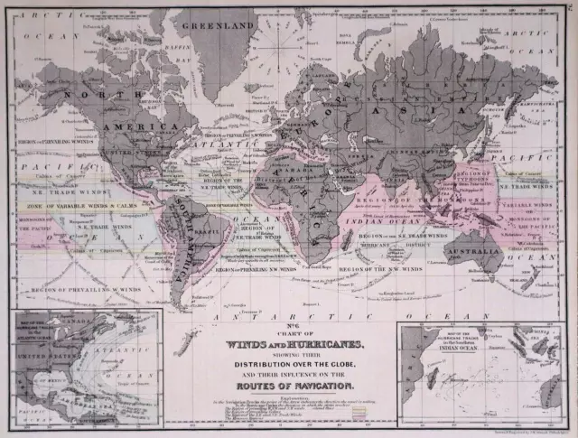 Old 1878 Mitchell's School Atlas Map ~ WINDS & HURRICANES AROUND the WORLD