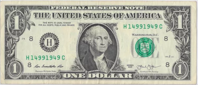 Series 2013 One Dollar Bill With Repeater Serial Number  Off Center REVERSE