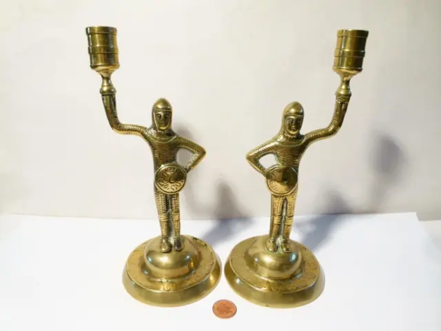Rare Antique 19thC MEDIEVAL Revival KNIGHTS Unusual Pair Brass Candlesticks