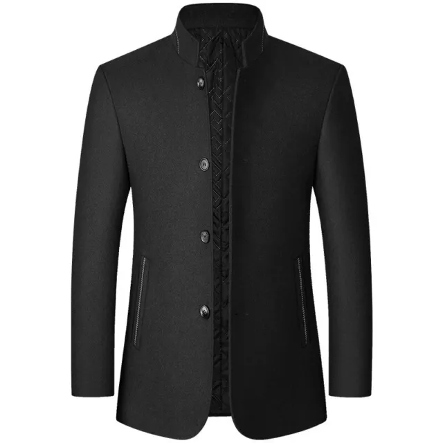 Mens Casual Woolen Blend Jacket Trench Coat Single Breasted Stand Collar Outwear