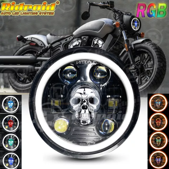 5 3/4" 5.75" RGB Skull LED Headlight Halo DRL Hi/Lo Beam For Indian Scout Bobber